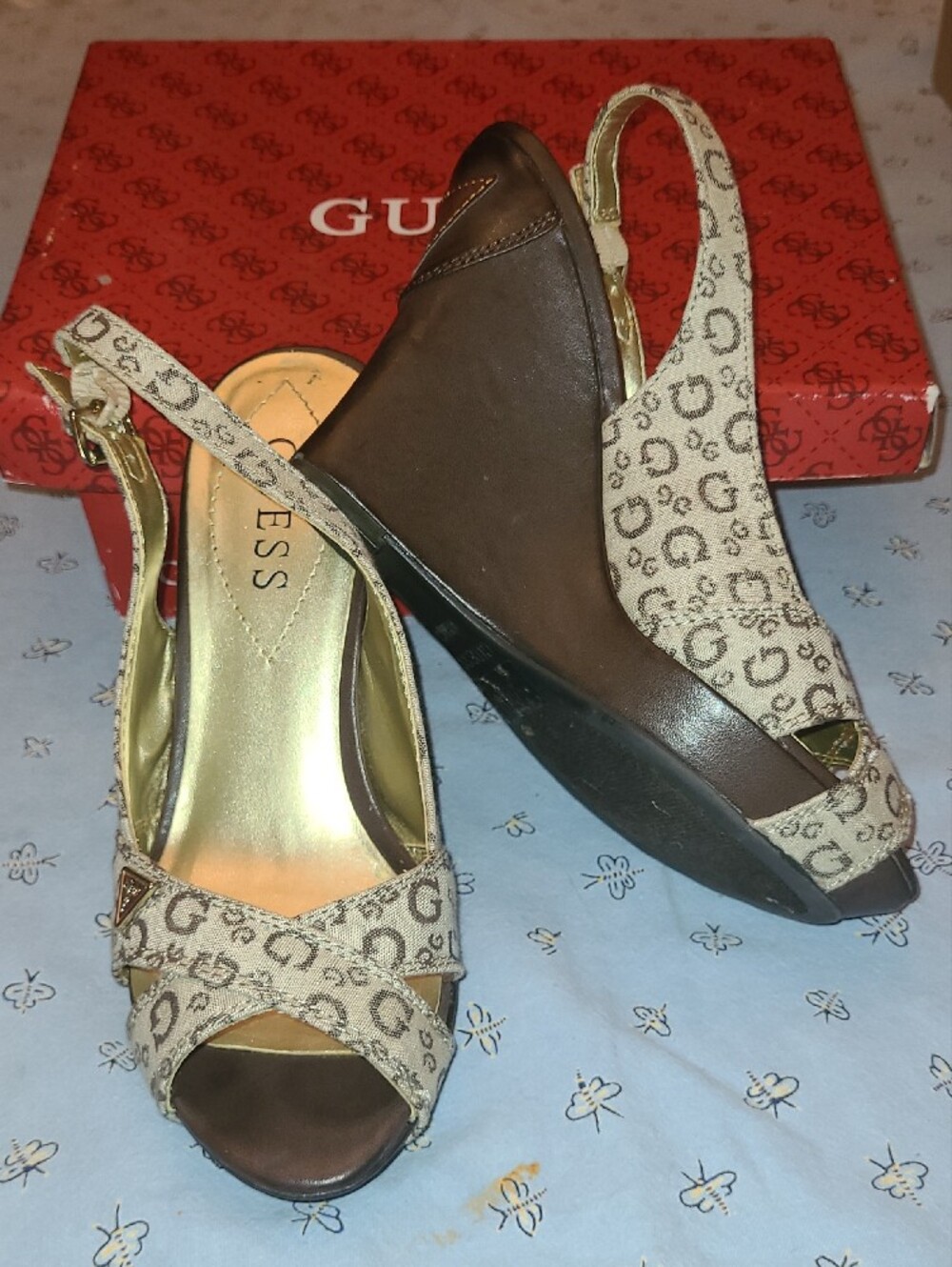GUESS Tan Monogram Peep-Toe Slingback Heels